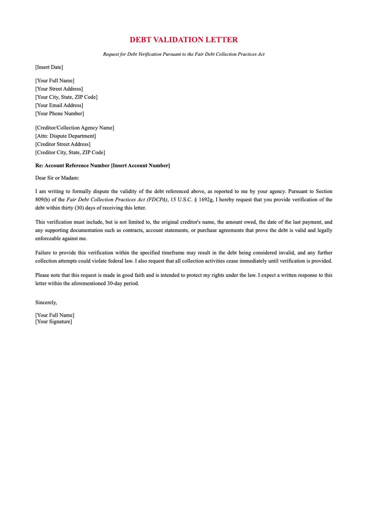 Sample debt validation letter under FDCPA with certified mail instructions_variant_1